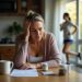 Усталая женщина (30-40 лет) сидит утром за кухонным столом, одной рукой придерживая голову, а другой держа чашку кофе, окруженная добавками и листком анализа крови.